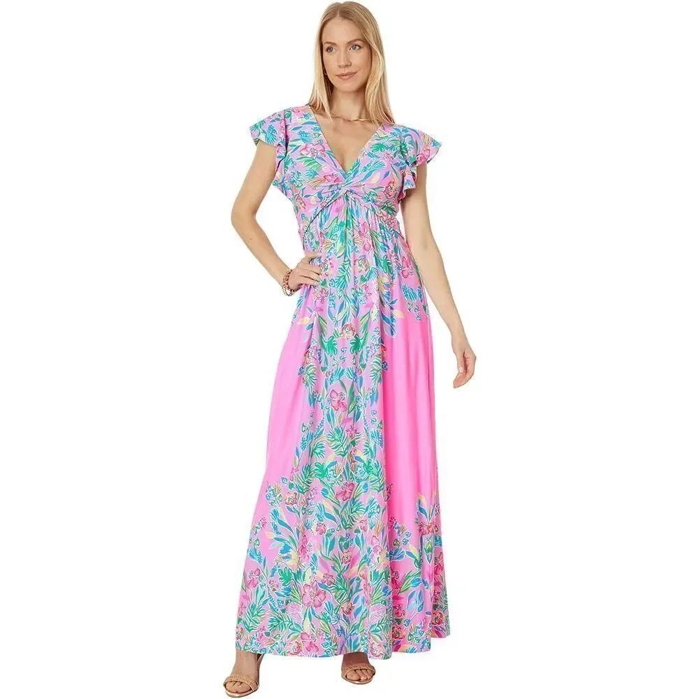 New Lilly Pulitzer Verona Flutter Sleeve Maxi Havana Pink Casa Jaguar Engineered